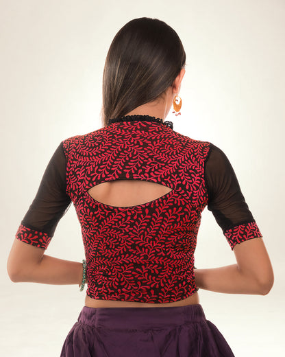 Kaya Red Lace Collar Jacquard Blouse with Frill Detail by Advi