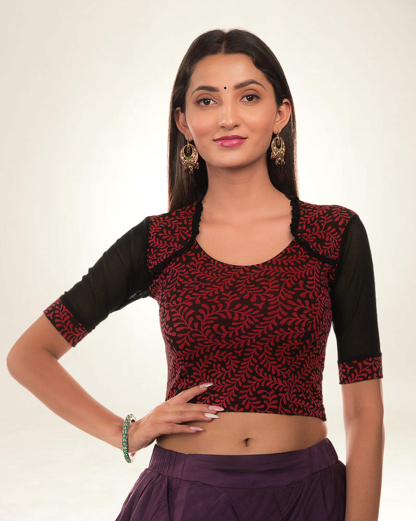 Kaya Maroon Stretchable Blouse with Lace Frill Collar by Advi