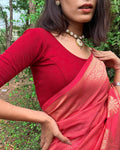 Radha Red Jacquard Blouse with Fabric Potli Back and Boat Neck Advi