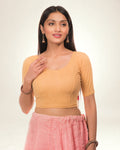 Radha Beige Potli Back Blouse with Fabric Button Jacquard by Advi