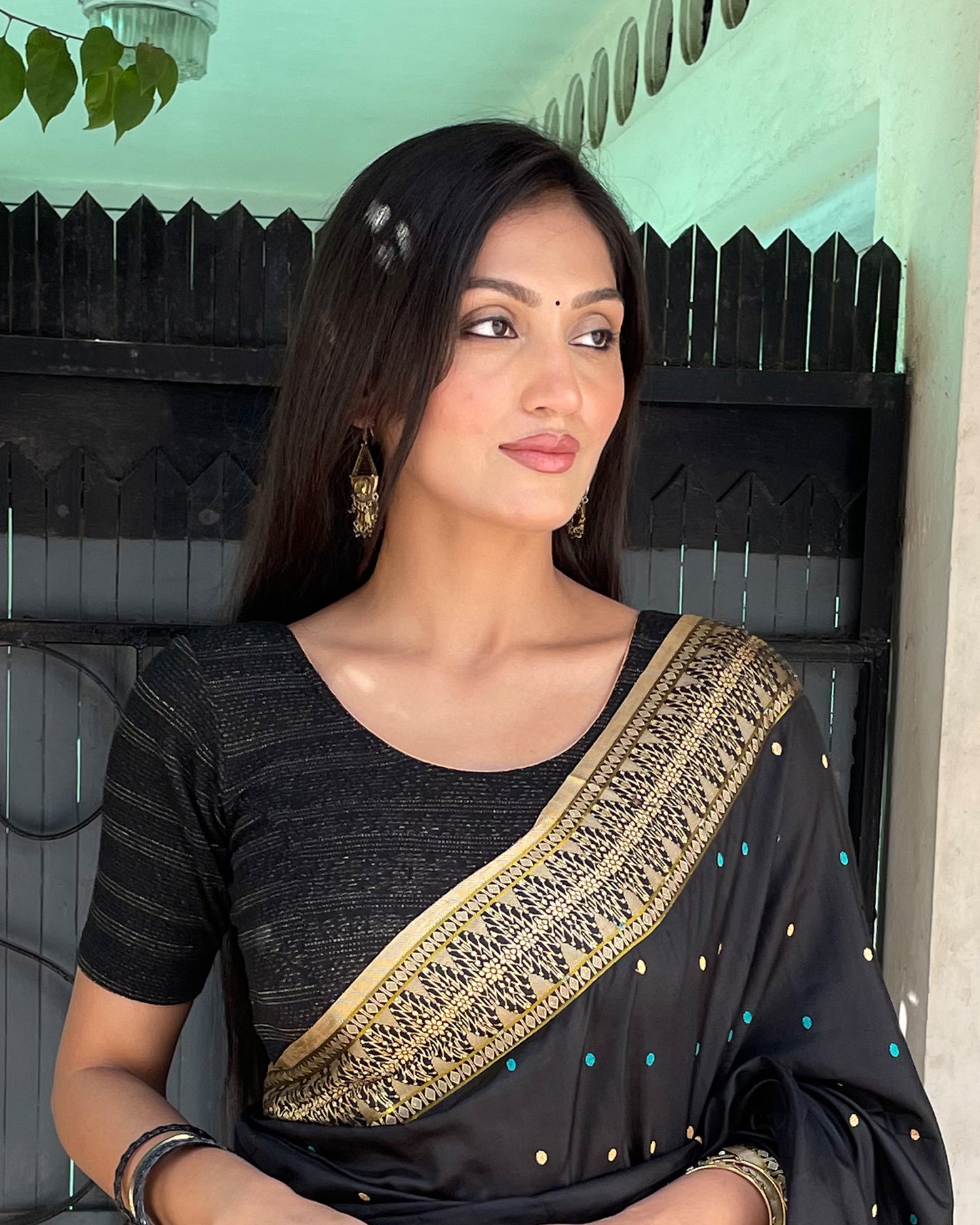 Urvi Black Zari Embellished Metallic Jacquard Blouse with Boat Neck Advi