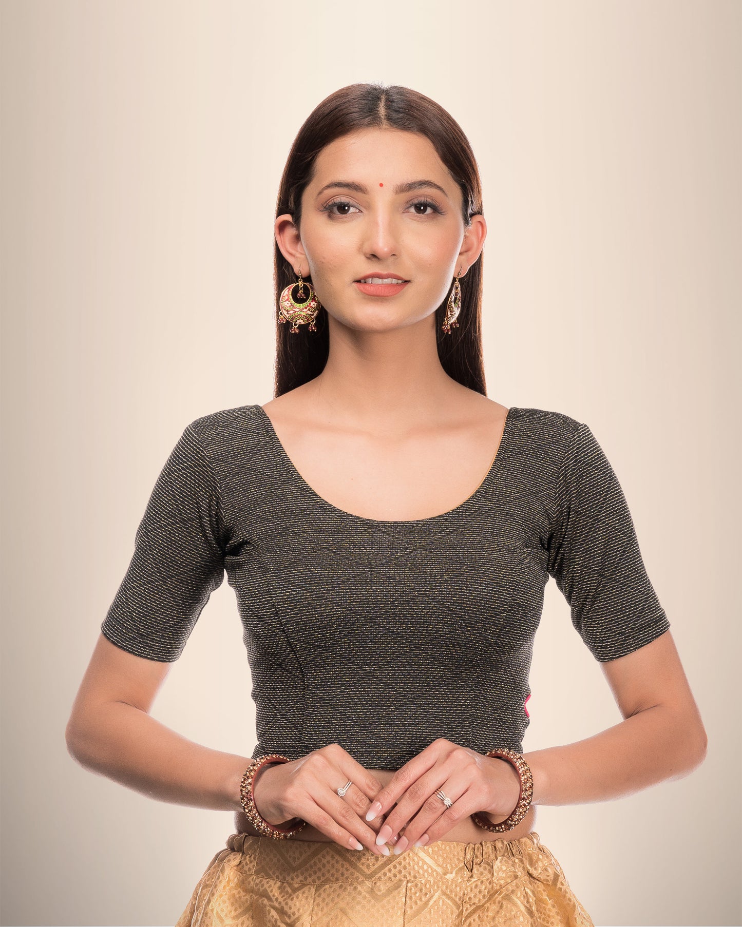 Urvi Black Zari Embellished Metallic Jacquard Blouse with Boat Neck Advi