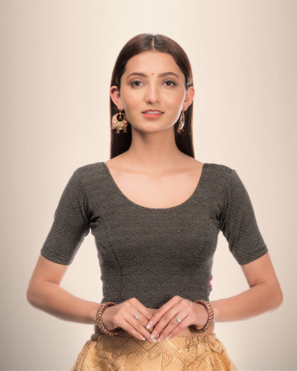 Urvi Black Zari Embellished Metallic Jacquard Blouse with Boat Neck Advi