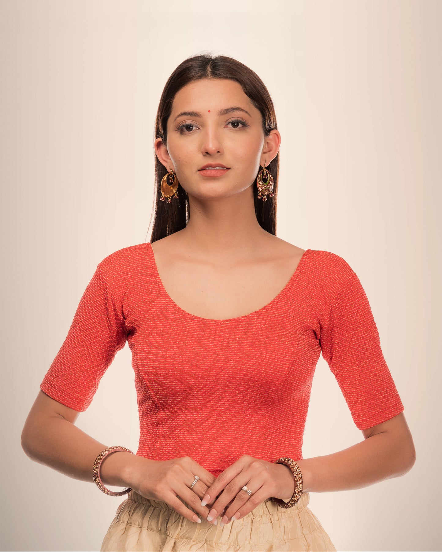 Urvi Light Red Boat Neck Blouse with Self Zari and Gold Jacquard Advi