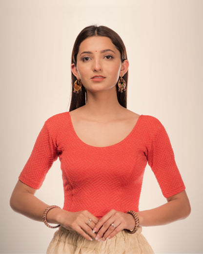 Urvi Light Red Boat Neck Blouse with Self Zari and Gold Jacquard Advi