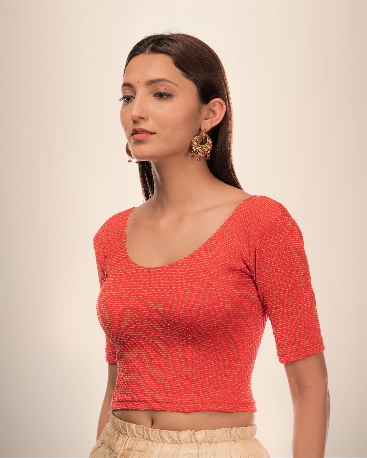 Urvi Light Red Boat Neck Blouse with Self Zari and Gold Jacquard Advi