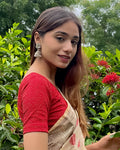 Urvi Red Zari Blouse with Gold Metallic Jacquard and Boat Neck Advi