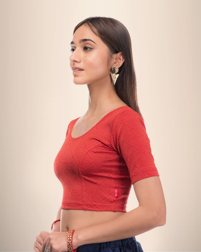 Urvi Red Zari Blouse with Gold Metallic Jacquard and Boat Neck Advi