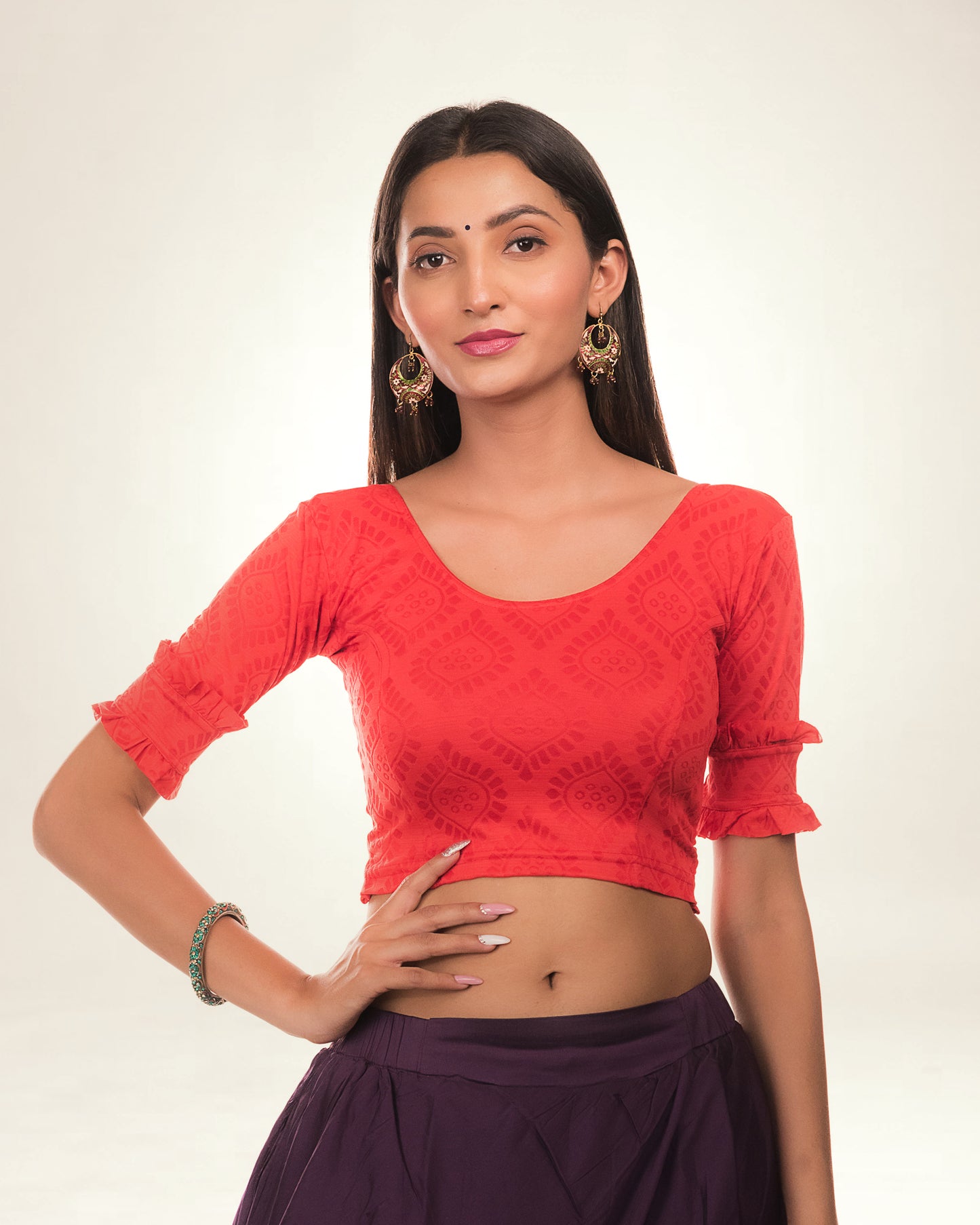 Shehzaadi Red Jacquard Blouse with Double Frill Elbow Sleeve by Advi