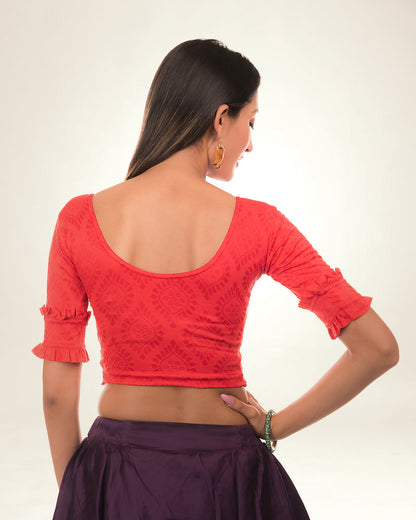Shehzaadi Red Jacquard Blouse with Double Frill Elbow Sleeve by Advi