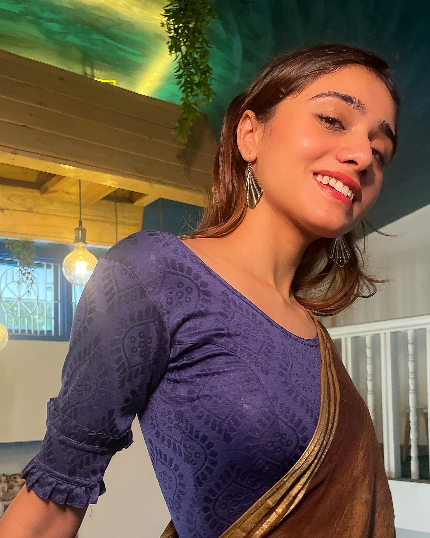 Shehzaadi Navy Embellished Jacquard Blouse with Double Frill Advi