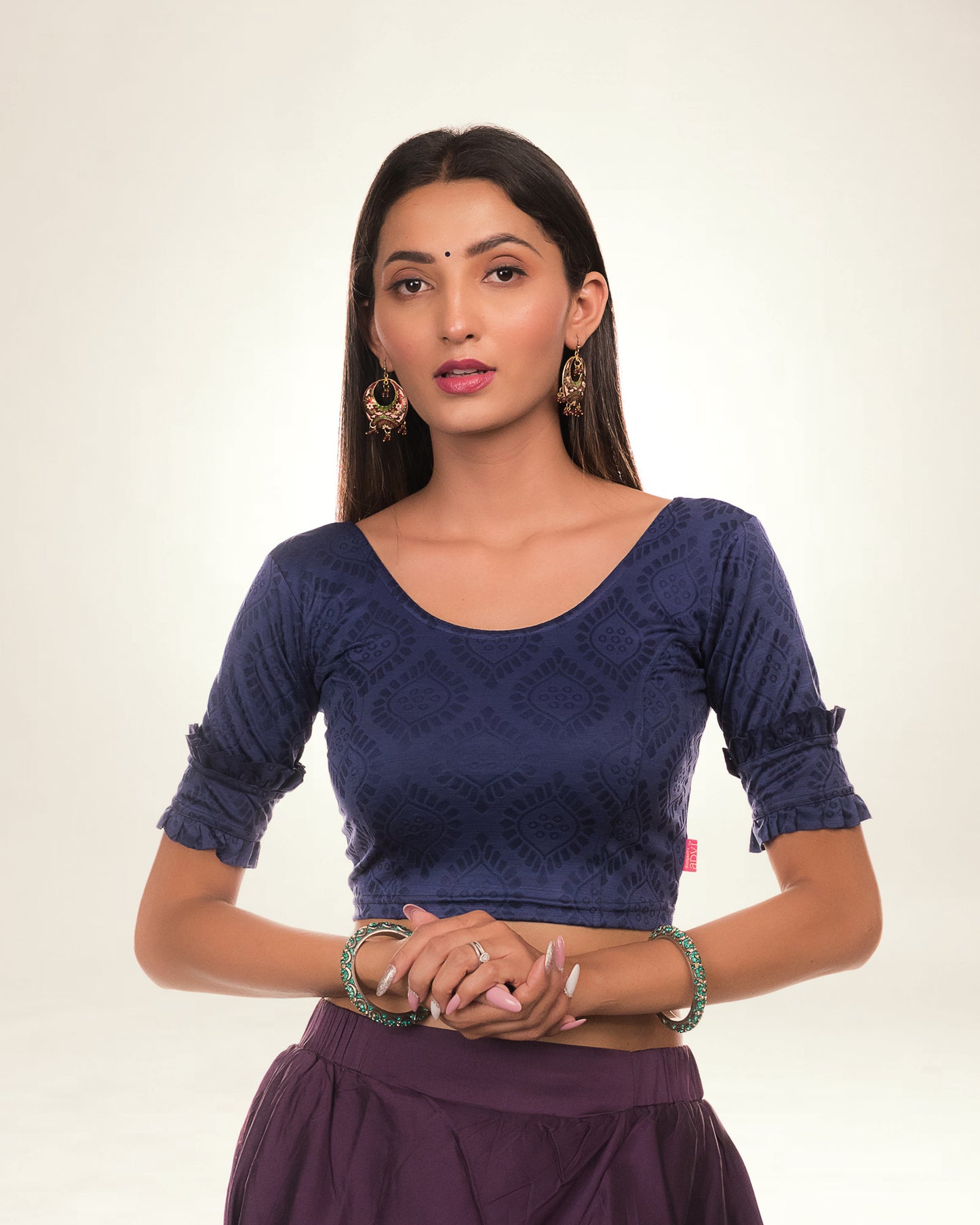 Shehzaadi Navy Embellished Jacquard Blouse with Double Frill Advi