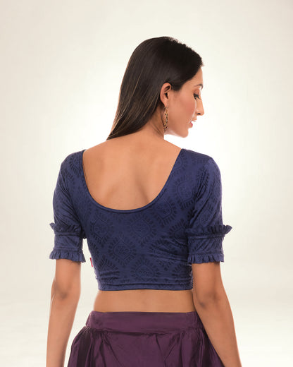 Shehzaadi Navy Embellished Jacquard Blouse with Double Frill Advi