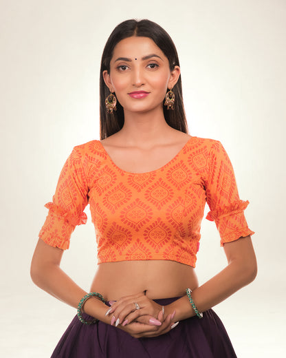 Shehzaadi Orange Self Design Blouse with Elbow Frill Sleeves Advi