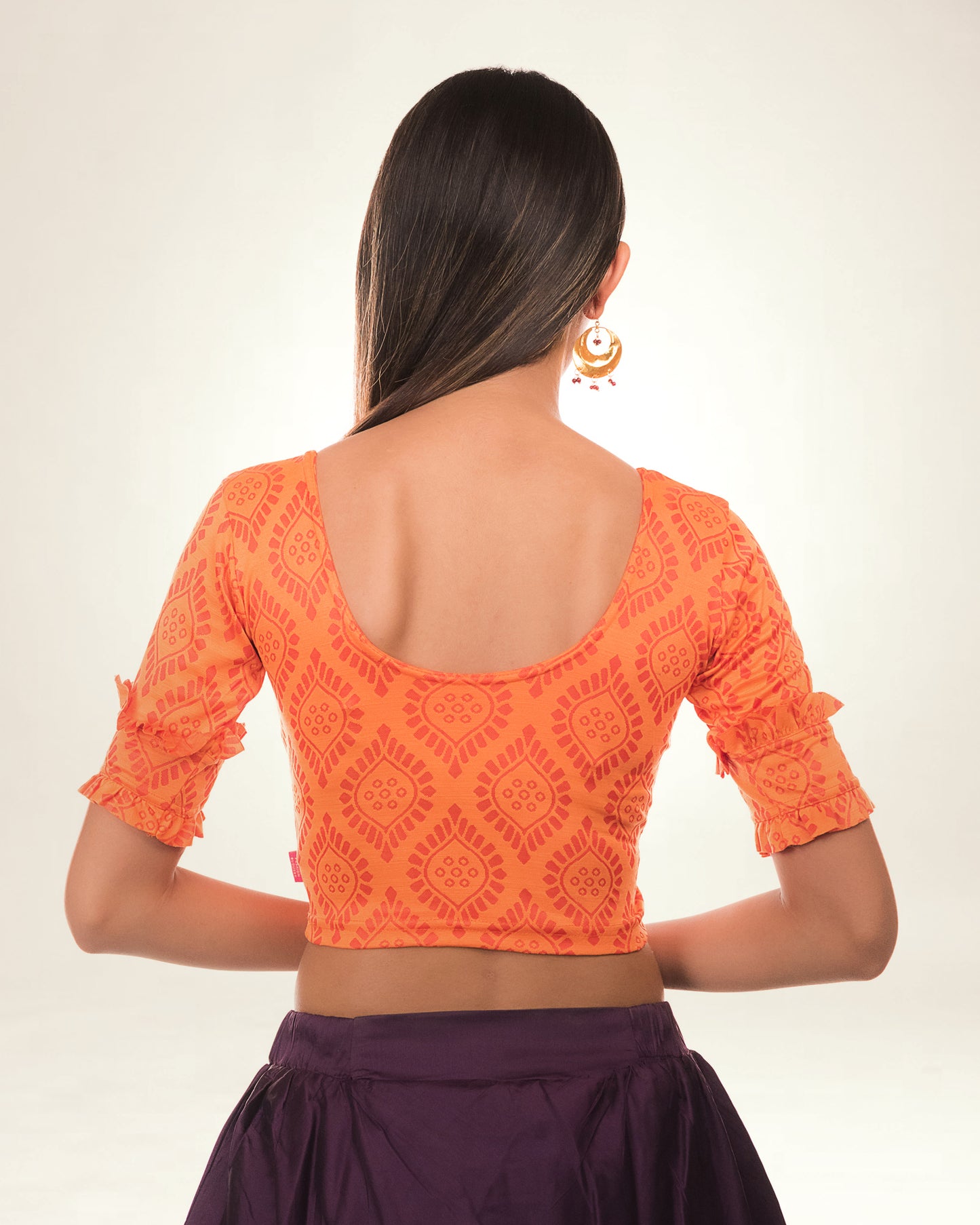 Shehzaadi Orange Self Design Blouse with Elbow Frill Sleeves Advi