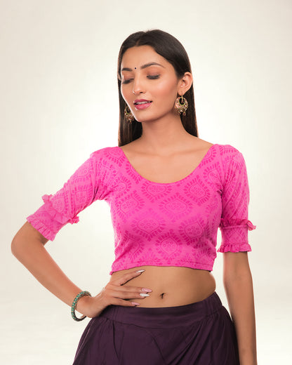 Shehzaadi Pink Ruffle Detail Stretchable Blouse with Boat Neck Advi
