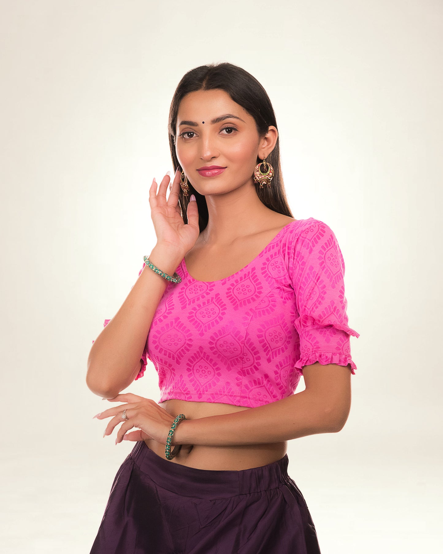 Shehzaadi Pink Ruffle Detail Stretchable Blouse with Boat Neck Advi