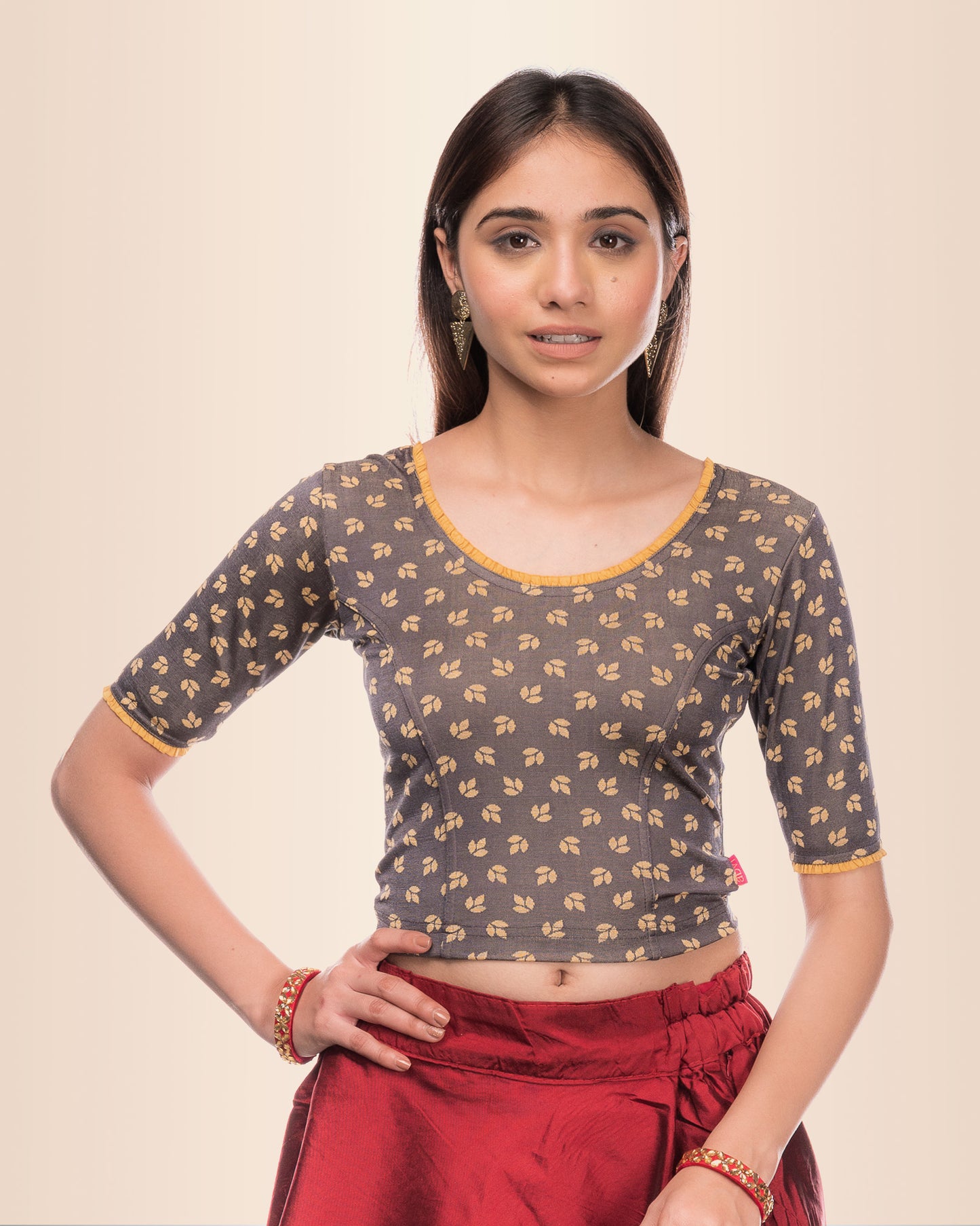 Kalee Gray Frill Back Blouse in Jacquard Slip-On Style by Advi