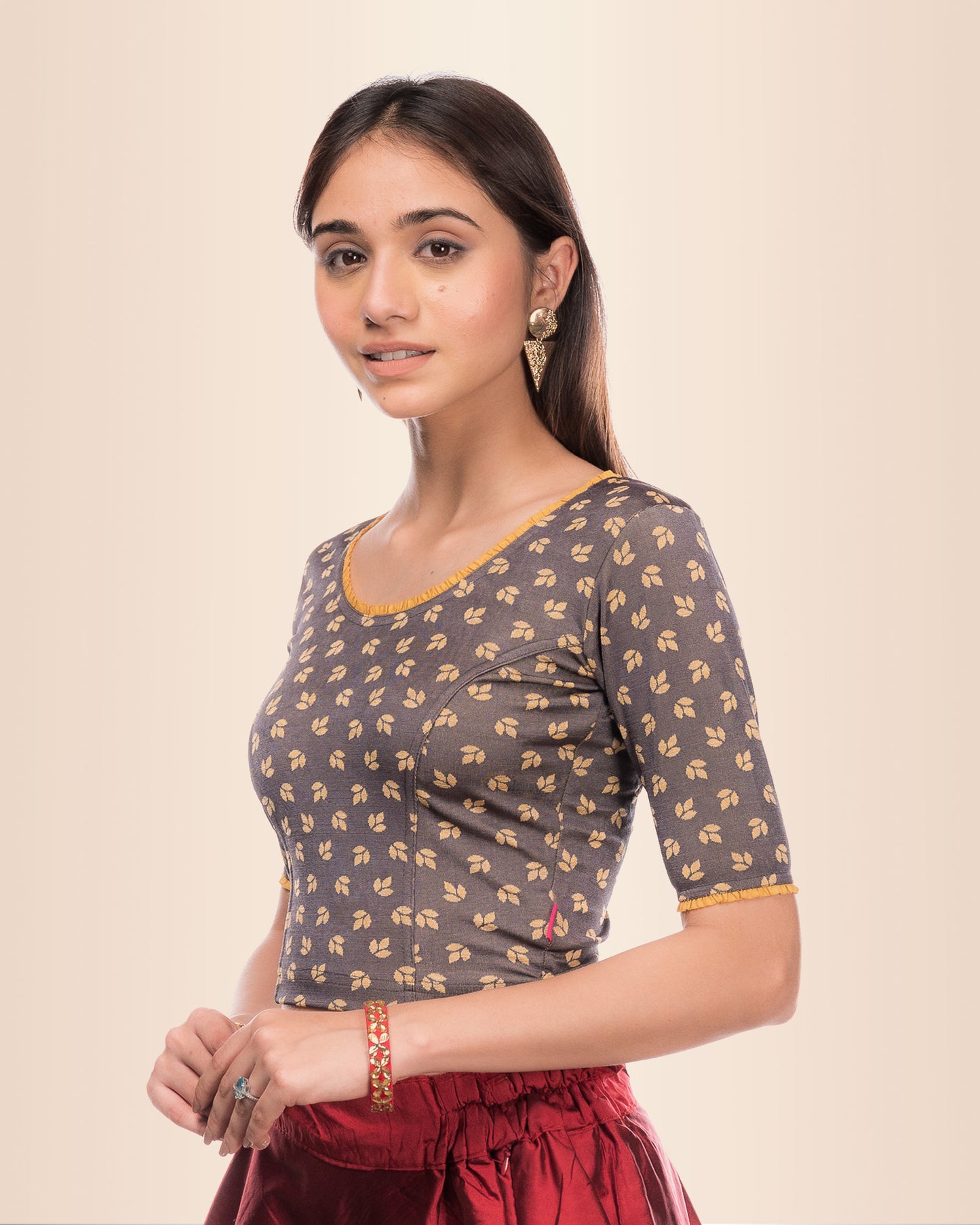 Kalee Gray Frill Back Blouse in Jacquard Slip-On Style by Advi