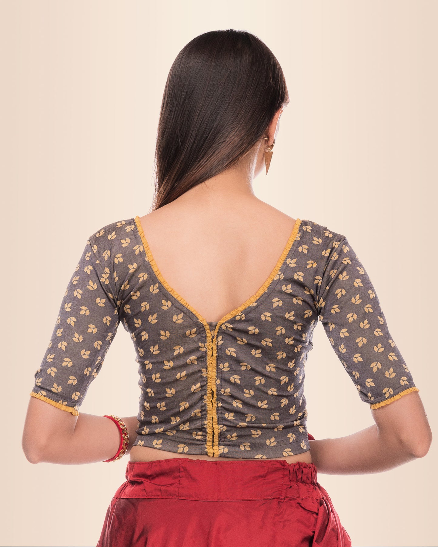 Kalee Gray Frill Back Blouse in Jacquard Slip-On Style by Advi