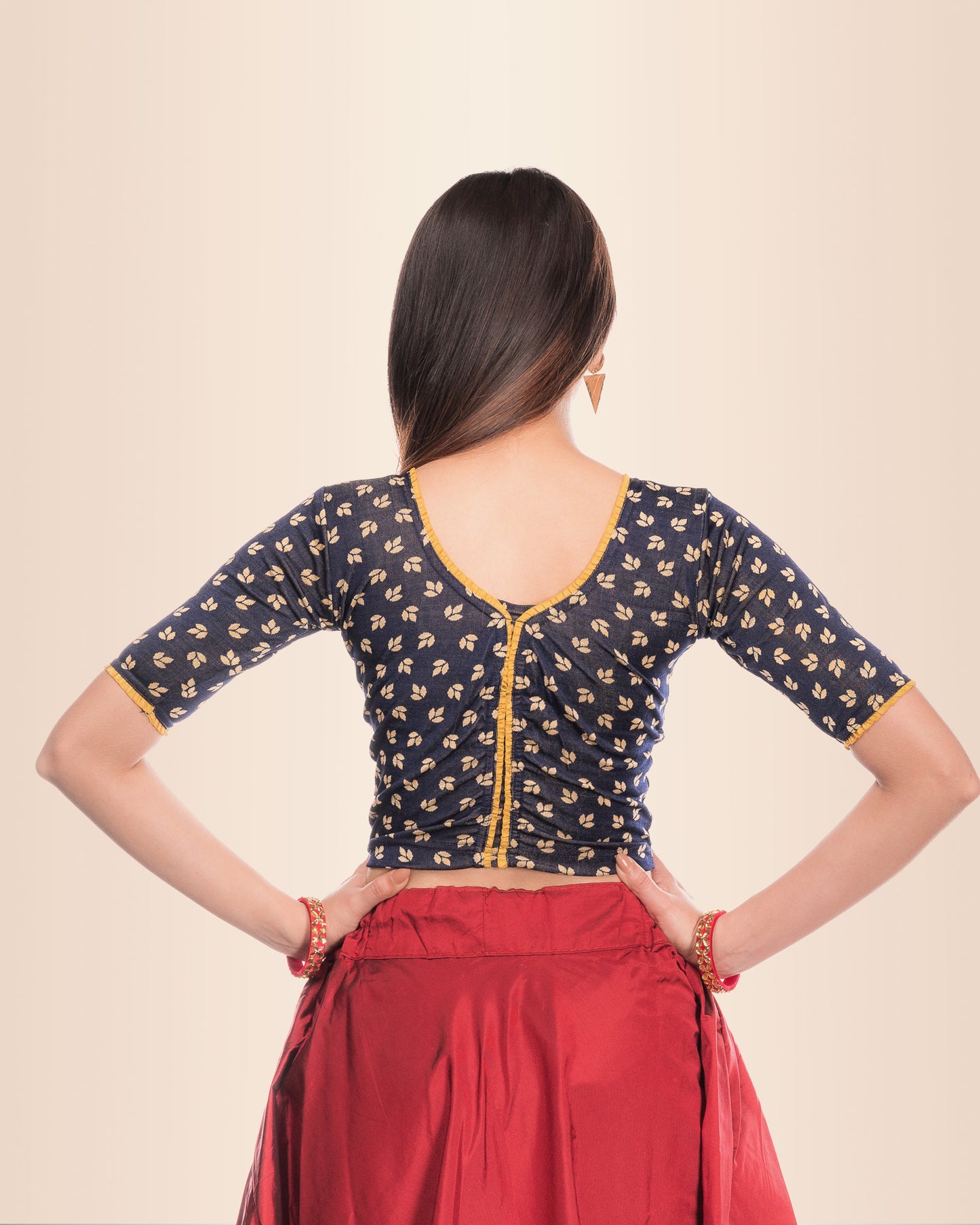 Kalee Navy Frill Neck Jacquard Blouse with Designer Back by Advi