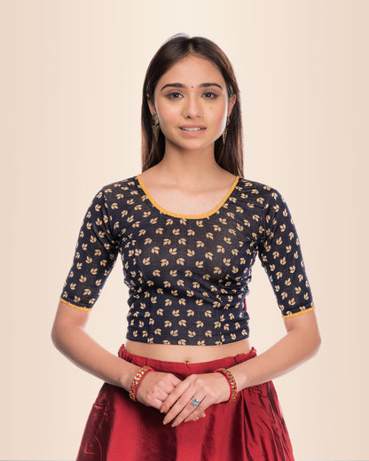 Kalee Navy Frill Neck Jacquard Blouse with Designer Back by Advi