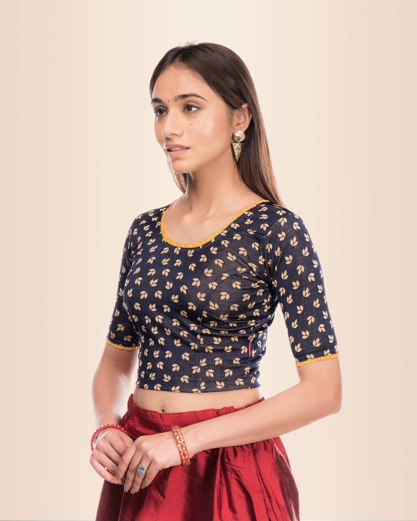 Kalee Navy Frill Neck Jacquard Blouse with Designer Back by Advi