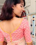 Kalee Peach Jacquard Blouse with Frill Neck and Boat Fit Advi
