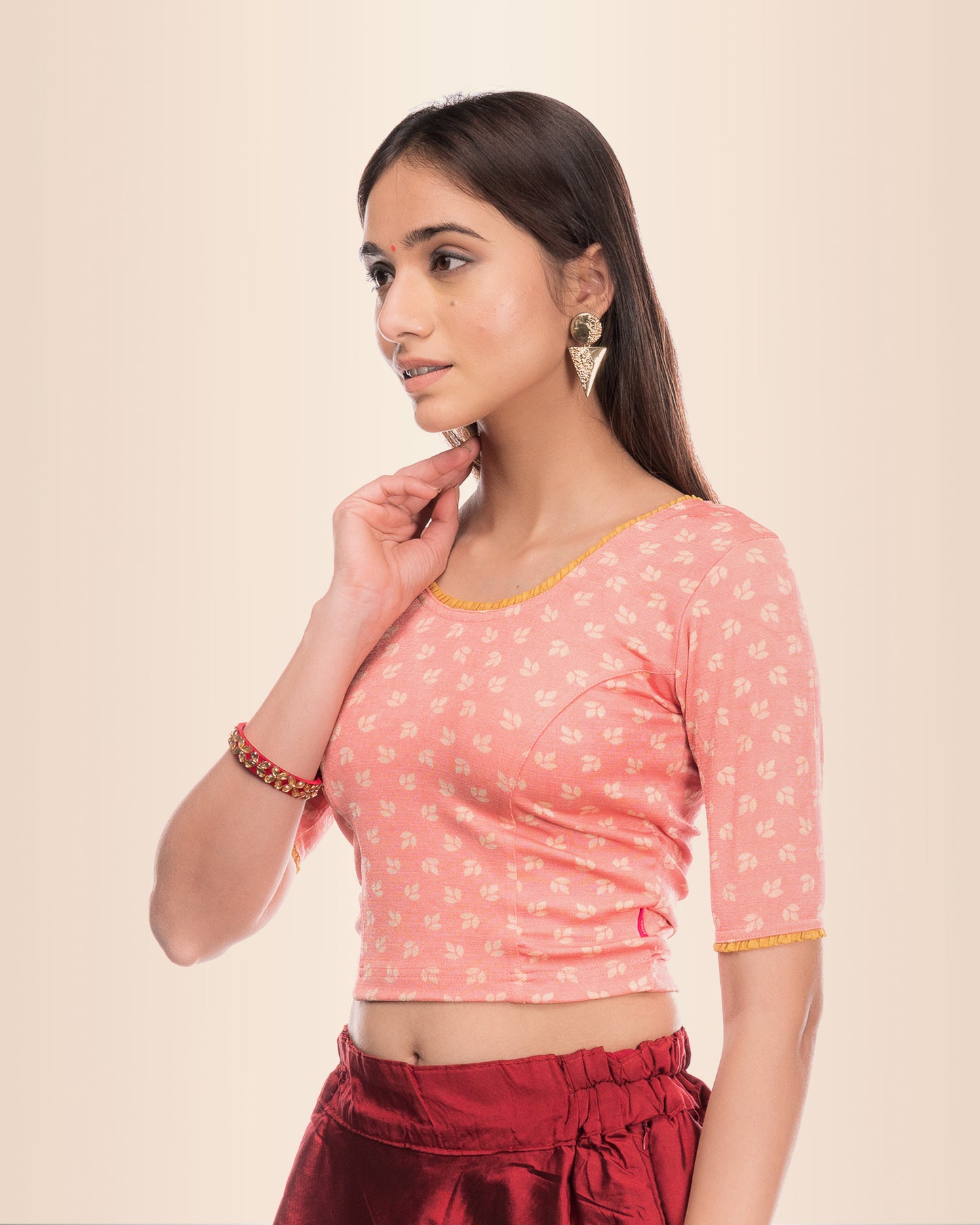 Kalee Peach Jacquard Blouse with Frill Neck and Boat Fit Advi