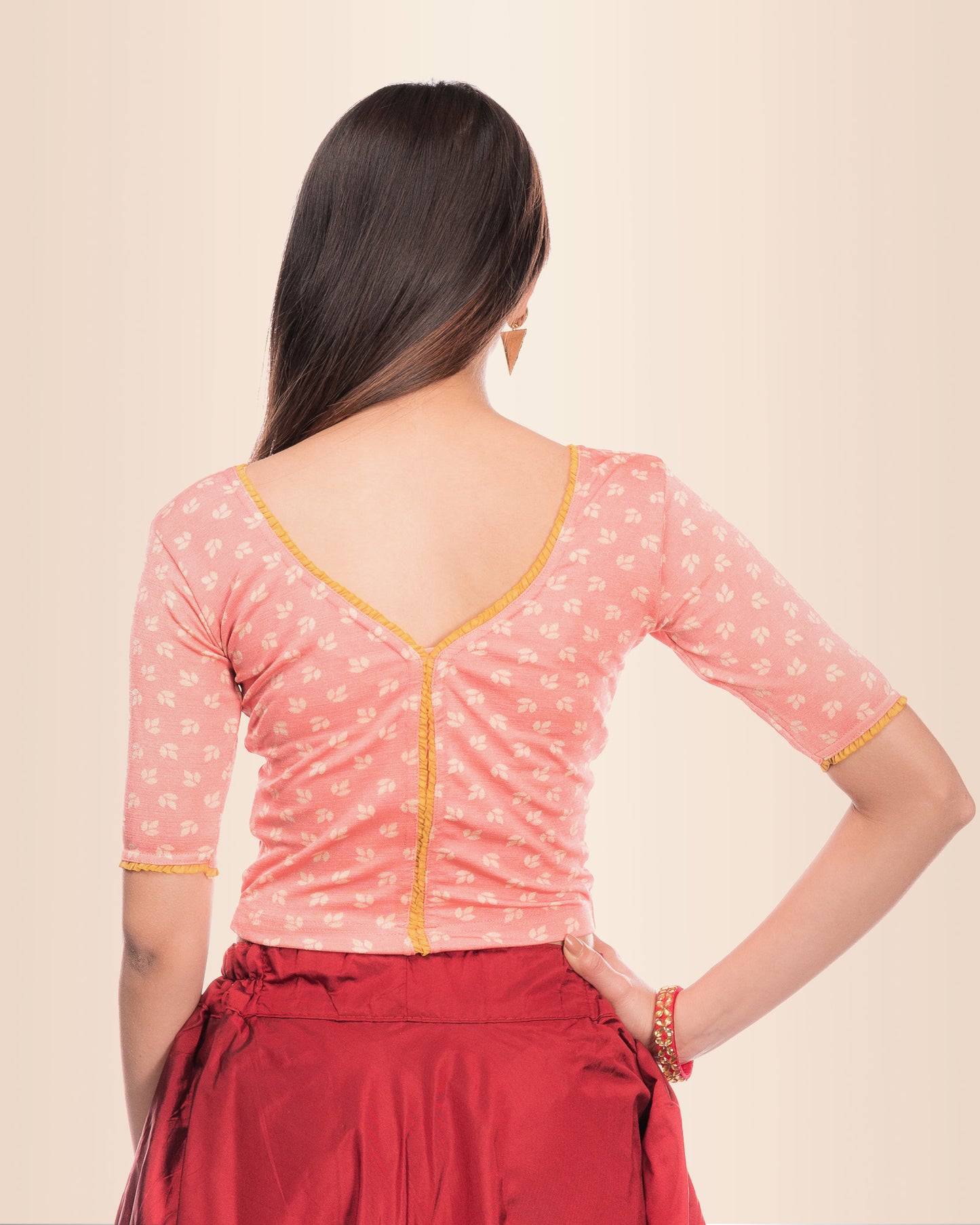 Kalee Peach Jacquard Blouse with Frill Neck and Boat Fit Advi