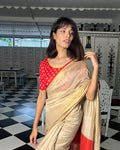Kalee Red Boat Neck Jacquard Blouse with Frill Back Detail Advi