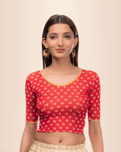 Kalee Red Boat Neck Jacquard Blouse with Frill Back Detail Advi