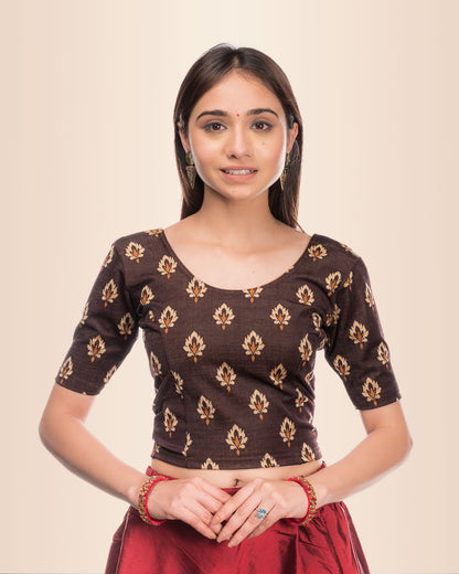 Kavana Coffee Multicolour Buti Stretchable Elbow Sleeve Blouse Advi