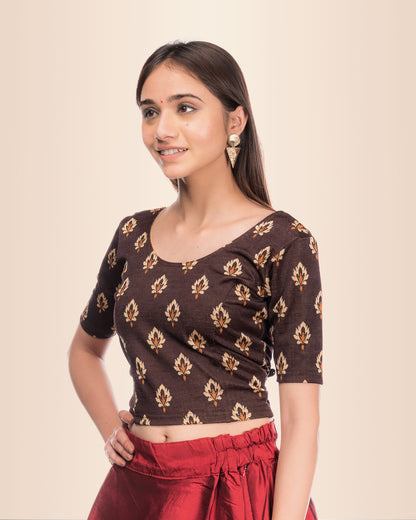 Kavana Coffee Multicolour Buti Stretchable Elbow Sleeve Blouse Advi
