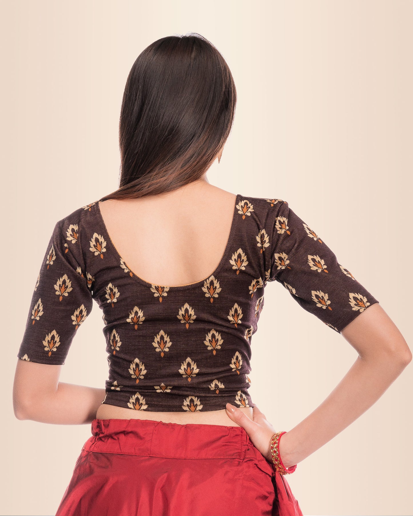 Kavana Coffee Multicolour Buti Stretchable Elbow Sleeve Blouse Advi