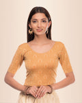 Kavana Beige Block Printed Jacquard Elbow Sleeve Blouse by Advi