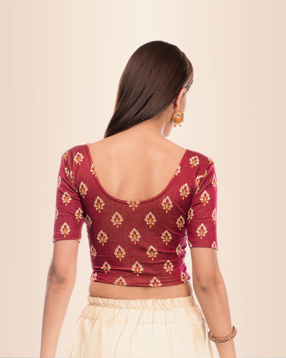 Kavana Maroon Buti Jacquard Blouse with Block Print Detailing Advi