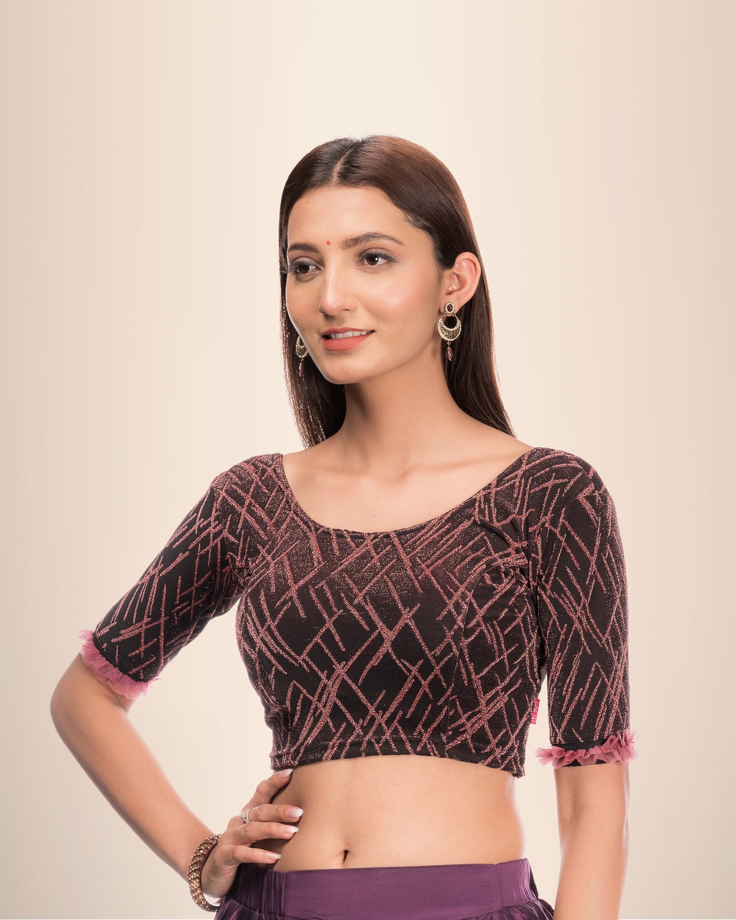 Madhu Pink Zari Organza Ruffle Frill Stretchable Slip-On Blouse Advi