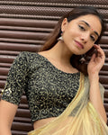 Taru Black Floral Applique Elbow Sleeve Stretchable Blouse Advi