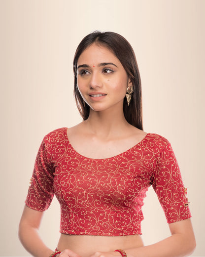 Taru Maroon Applique Flower Stretchable Blouse with Boat Neck Advi
