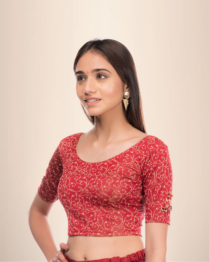 Taru Maroon Applique Flower Stretchable Blouse with Boat Neck Advi