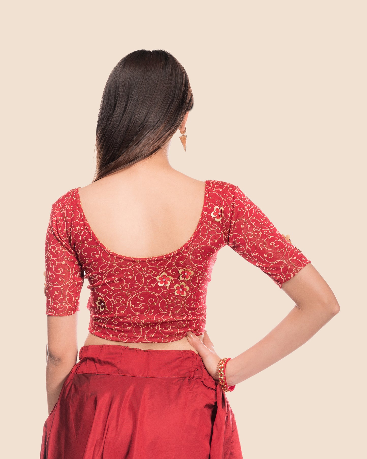 Taru Maroon Applique Flower Stretchable Blouse with Boat Neck Advi