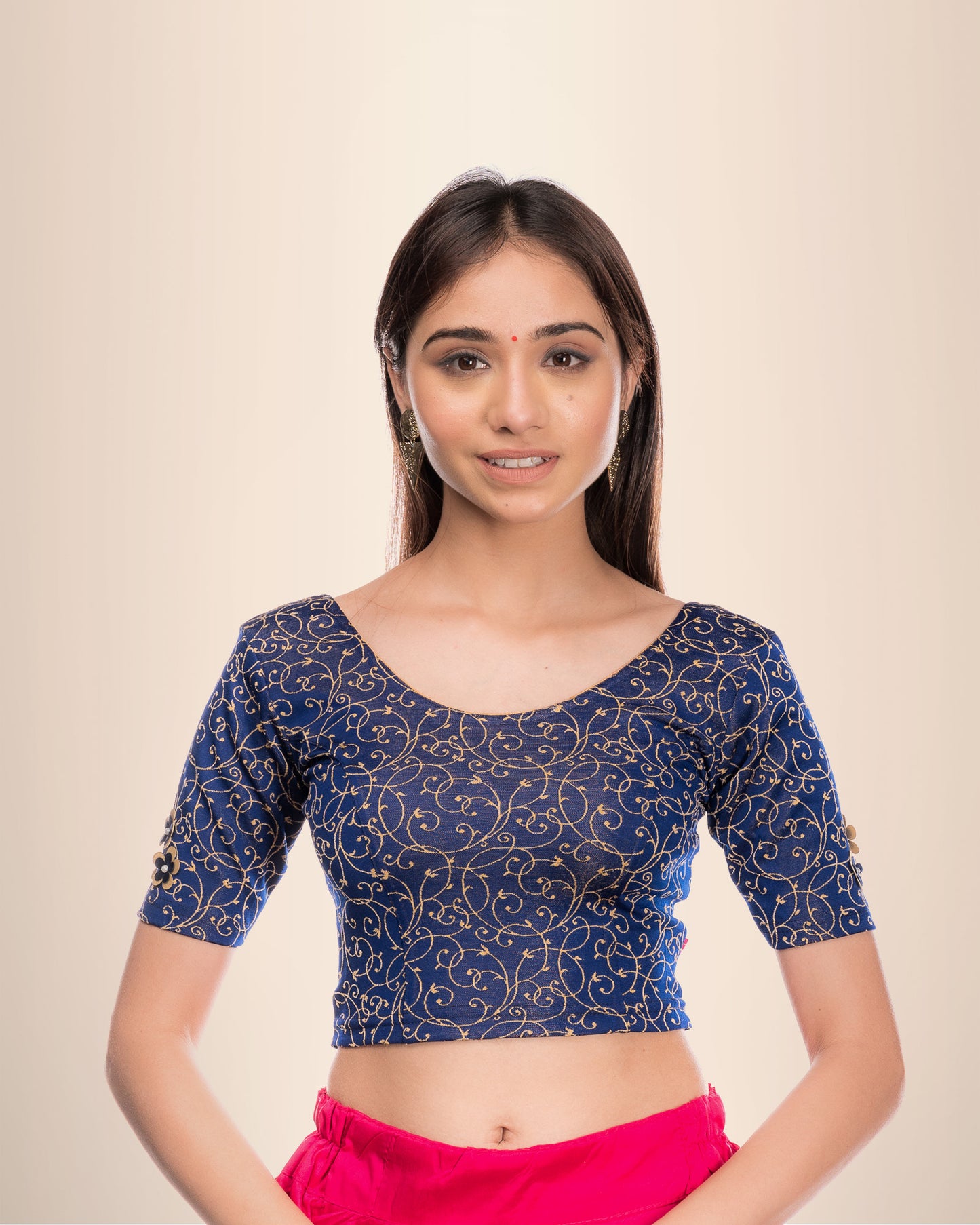 Taru Navy Applique Floral Design Jacquard Elbow Sleeve Blouse Advi