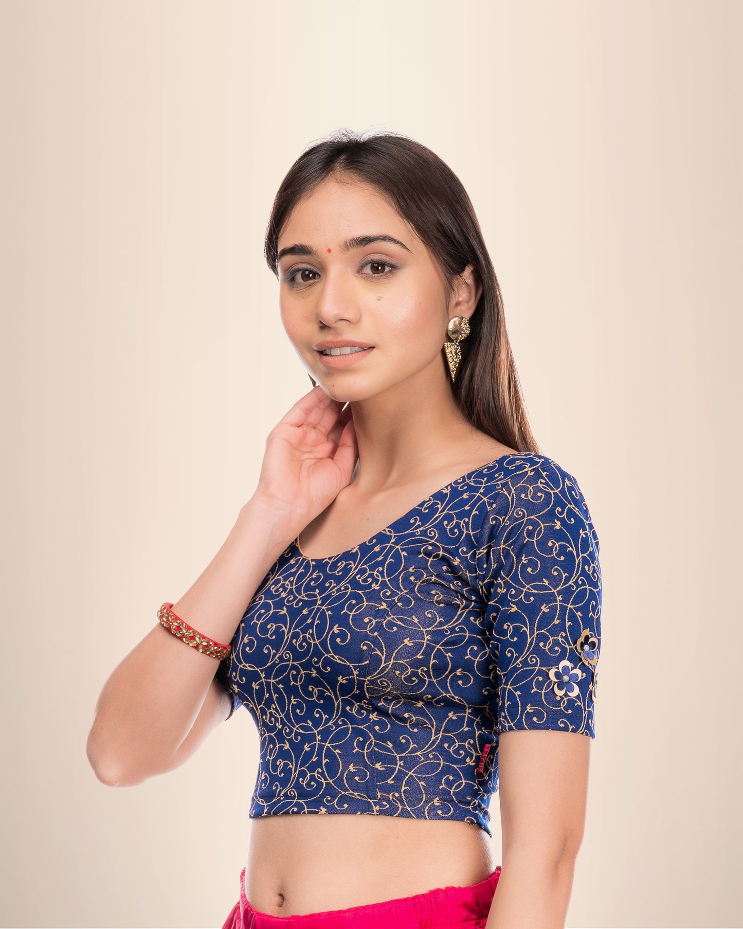 Taru Navy Applique Floral Design Jacquard Elbow Sleeve Blouse Advi