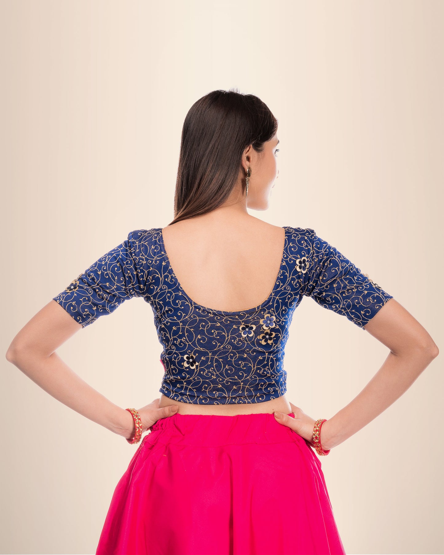 Taru Navy Applique Floral Design Jacquard Elbow Sleeve Blouse Advi