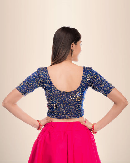 Taru Navy Applique Floral Design Jacquard Elbow Sleeve Blouse Advi