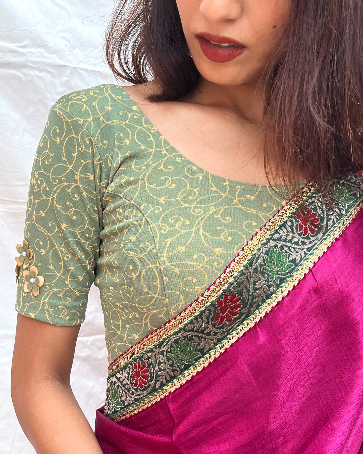 Taru Olive Applique Floral Embellished Jacquard Slip-On Blouse Advi