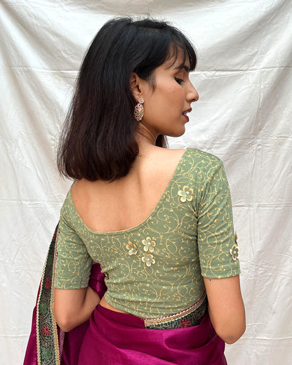 Taru Olive Applique Floral Embellished Jacquard Slip-On Blouse Advi