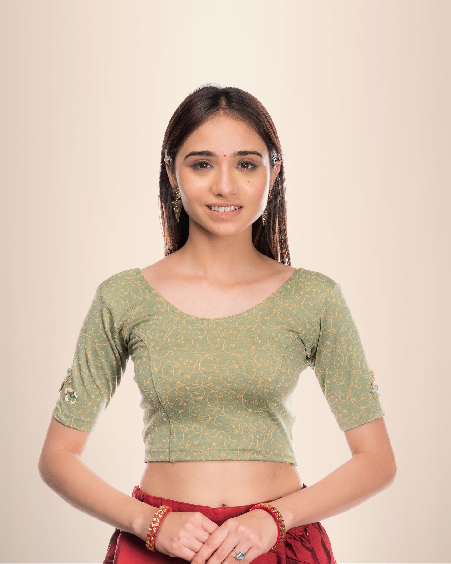 Taru Olive Applique Floral Embellished Jacquard Slip-On Blouse Advi