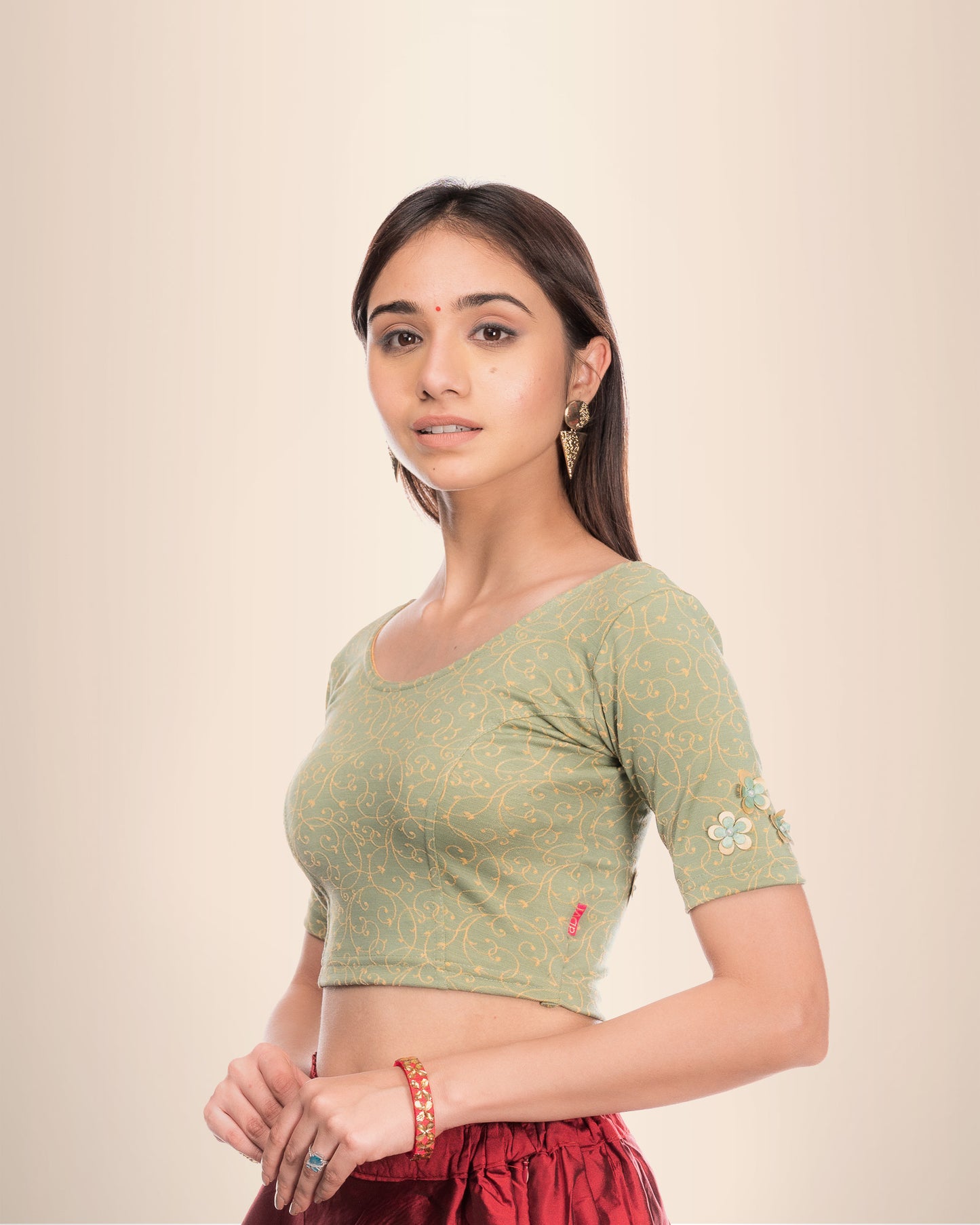 Taru Olive Applique Floral Embellished Jacquard Slip-On Blouse Advi